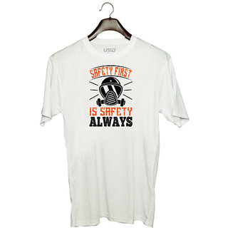                       UDNAG Unisex Round Neck Graphic 'Firefighter | Safety First is Safety Always' Polyester T-Shirt White                                              