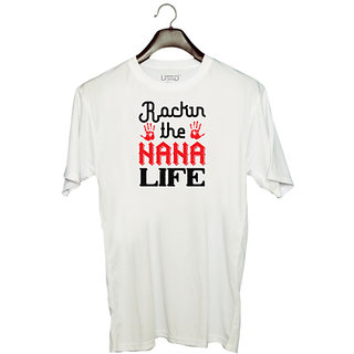                       UDNAG Unisex Round Neck Graphic 'Grand father | Rockin the nana life' Polyester T-Shirt White                                              
