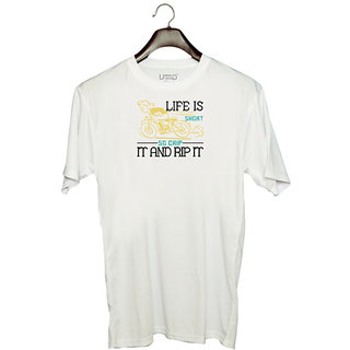                       UDNAG Unisex Round Neck Graphic 'Motorcycle | life is short so grip it and rip it' Polyester T-Shirt White                                              