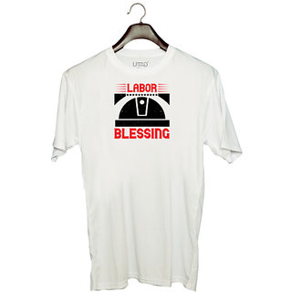                       UDNAG Unisex Round Neck Graphic 'Labor | Labor is the source of every blessing' Polyester T-Shirt White                                              