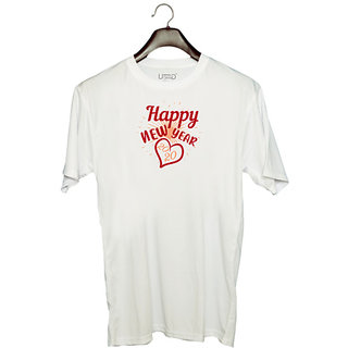                       UDNAG Unisex Round Neck Graphic 'Happy new year | happy new year 2020' Polyester T-Shirt White                                              