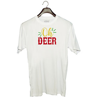                       UDNAG Unisex Round Neck Graphic 'Christmas | oh deer' Polyester T-Shirt White                                              