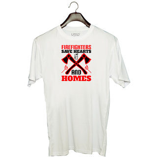                       UDNAG Unisex Round Neck Graphic 'Firefighter | Firefighters save hearts and homes' Polyester T-Shirt White                                              
