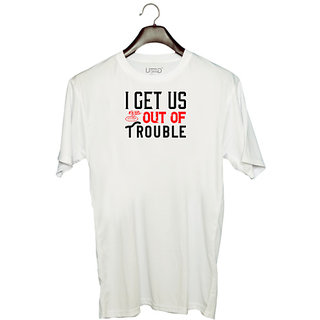                       UDNAG Unisex Round Neck Graphic 'Couple | i get us out of trouble' Polyester T-Shirt White                                              