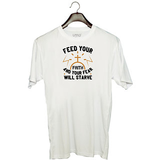                       UDNAG Unisex Round Neck Graphic 'Faith | Feed your faith and your fear will starve' Polyester T-Shirt White                                              
