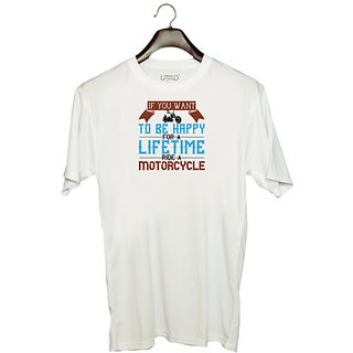                       UDNAG Unisex Round Neck Graphic 'Motorcycle | If you want to be happy' Polyester T-Shirt White                                              