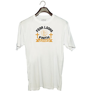                       UDNAG Unisex Round Neck Graphic 'Faith | Fear looks; faith jumps' Polyester T-Shirt White                                              