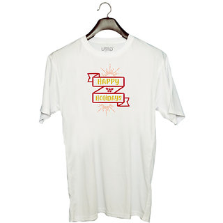                      UDNAG Unisex Round Neck Graphic 'Christmas | happy holidays' Polyester T-Shirt White                                              