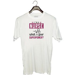                       UDNAG Unisex Round Neck Graphic 'Nurse | i'm anurse whats your superpower' Polyester T-Shirt White                                              