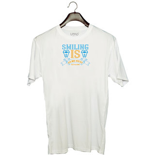                       UDNAG Unisex Round Neck Graphic 'Dentist | Smiling is Fun With Healthy Teeth & Gums' Polyester T-Shirt White                                              