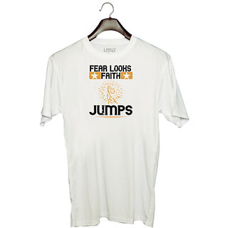                       UDNAG Unisex Round Neck Graphic 'Faith | Fear looks faith jumps 02' Polyester T-Shirt White                                              