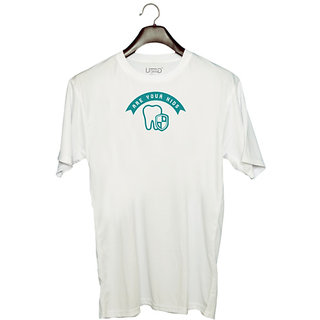                       UDNAG Unisex Round Neck Graphic 'Dentist | Are your kids afraid of the Dentist' Polyester T-Shirt White                                              