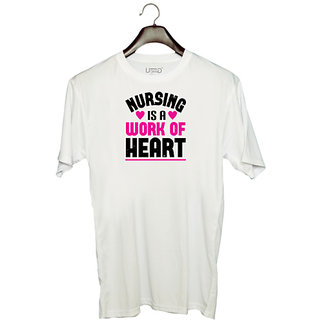                       UDNAG Unisex Round Neck Graphic 'Nurse | nursing is a work of heart' Polyester T-Shirt White                                              