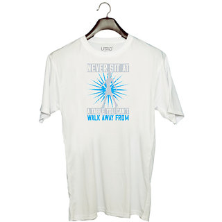                       UDNAG Unisex Round Neck Graphic 'Walking | Never sit at a table you cant walk away from' Polyester T-Shirt White                                              