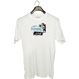                       UDNAG Unisex Round Neck Graphic 'Fishing | Fishing is fun 01' Polyester T-Shirt White                                              