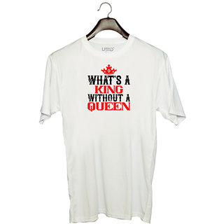                       UDNAG Unisex Round Neck Graphic 'Couple | what's a king without a Queen' Polyester T-Shirt White                                              