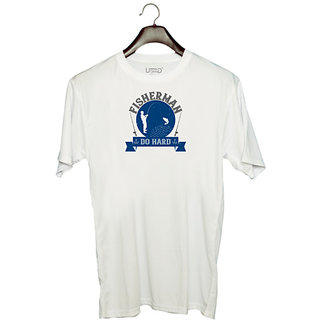                      UDNAG Unisex Round Neck Graphic 'Fishing | Fisherman do hard' Polyester T-Shirt White                                              