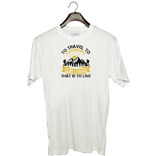                       UDNAG Unisex Round Neck Graphic 'Adventure | To travel to experience and learn that is to live' Polyester T-Shirt White                                              