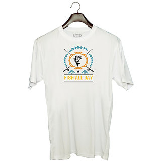                       UDNAG Unisex Round Neck Graphic 'Fishing | Fish all day copy' Polyester T-Shirt White                                              