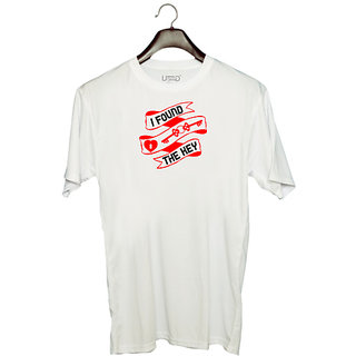                       UDNAG Unisex Round Neck Graphic 'Couple | i found the key' Polyester T-Shirt White                                              