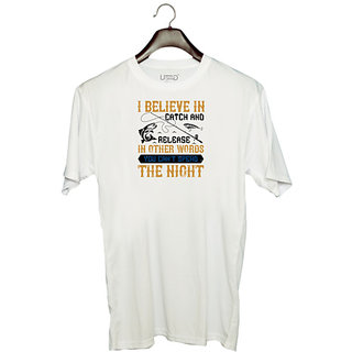                       UDNAG Unisex Round Neck Graphic 'Fishing | I BELIEVE IN CATCH AND RELEASE' Polyester T-Shirt White                                              
