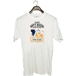                       UDNAG Unisex Round Neck Graphic 'Fishing | im not ANTY SOCIAL' Polyester T-Shirt White                                              