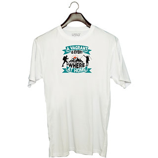                       UDNAG Unisex Round Neck Graphic 'Adventure | A vagrant is everywhere at home' Polyester T-Shirt White                                              