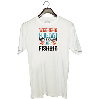                       UDNAG Unisex Round Neck Graphic 'Fishing | WEEKEND FORECAST WITH A CHANGE OF FISHING' Polyester T-Shirt White                                              