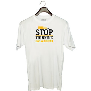                       UDNAG Unisex Round Neck Graphic 'Drinking | Stop Thinking Start Drinking' Polyester T-Shirt White                                              