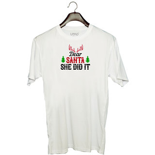                       UDNAG Unisex Round Neck Graphic 'Christmas | Dear Santa, she did it' Polyester T-Shirt White                                              