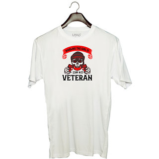                       UDNAG Unisex Round Neck Graphic 'Veteran | Warning the girl is protected by a veteran' Polyester T-Shirt White                                              