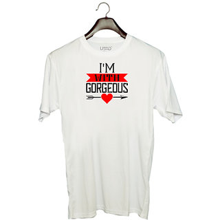                       UDNAG Unisex Round Neck Graphic 'Couple | i am with gorgeous' Polyester T-Shirt White                                              