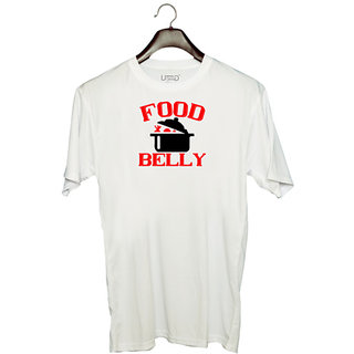                       UDNAG Unisex Round Neck Graphic 'Food | food belly' Polyester T-Shirt White                                              