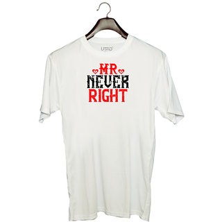                       UDNAG Unisex Round Neck Graphic 'Couple | Mr.never right' Polyester T-Shirt White                                              