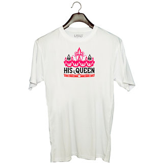                       UDNAG Unisex Round Neck Graphic 'Couple | his Queen' Polyester T-Shirt White                                              