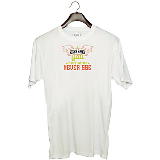                       UDNAG Unisex Round Neck Graphic 'Rider | bikes bring you places that cars never sse' Polyester T-Shirt White                                              