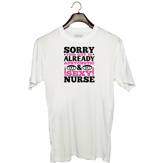                       UDNAG Unisex Round Neck Graphic 'Nurse | sorry this guy is' Polyester T-Shirt White                                              