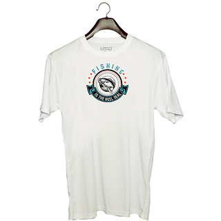                       UDNAG Unisex Round Neck Graphic 'Fishing | Fishing is the reel deal' Polyester T-Shirt White                                              