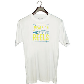                       UDNAG Unisex Round Neck Graphic 'Fishing | Meals on reels' Polyester T-Shirt White                                              