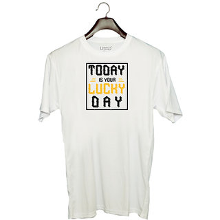                      UDNAG Unisex Round Neck Graphic 'Lucky Day | Today is your lucky day' Polyester T-Shirt White                                              
