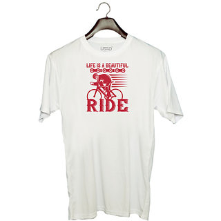                       UDNAG Unisex Round Neck Graphic 'Rider | life is a beautiful ride' Polyester T-Shirt White                                              
