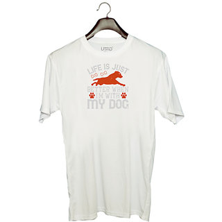                       UDNAG Unisex Round Neck Graphic 'Dog | Life is Just better when i'm with my dog' Polyester T-Shirt White                                              
