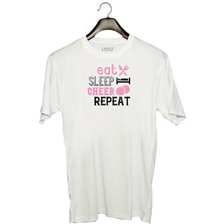                       UDNAG Unisex Round Neck Graphic 'Routin | Eat sleep cheer reapet 1' Polyester T-Shirt White                                              