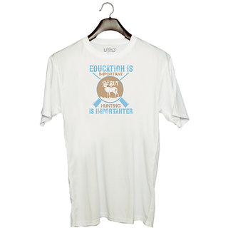                       UDNAG Unisex Round Neck Graphic 'Hunting | educationis importabt but hunting is importanter' Polyester T-Shirt White                                              