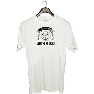                       UDNAG Unisex Round Neck Graphic 'Dog | life is better with a dog' Polyester T-Shirt White                                              