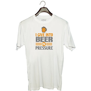                       UDNAG Unisex Round Neck Graphic 'Beer | I give in to beer in pressure' Polyester T-Shirt White                                              