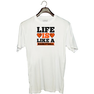                       UDNAG Unisex Round Neck Graphic 'Basketball | Life is like a basketball' Polyester T-Shirt White                                              