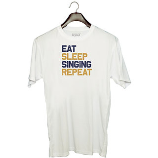                       UDNAG Unisex Round Neck Graphic 'Music | Eat sleep copy 8' Polyester T-Shirt White                                              