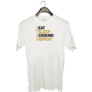                       UDNAG Unisex Round Neck Graphic 'Cooking | Eat sleep copy 4' Polyester T-Shirt White                                              