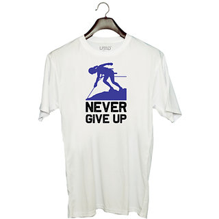                       UDNAG Unisex Round Neck Graphic 'Climbing | Never give up' Polyester T-Shirt White                                              
